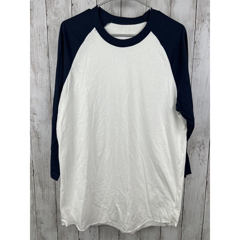 Adidas Shirt Mens Large White Navy Crew Neck 3/4 Sleeve Athletic Pullover Logo